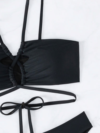 Solid Color Split Bikini with Hollow Cutout and Tie Detail | noémi