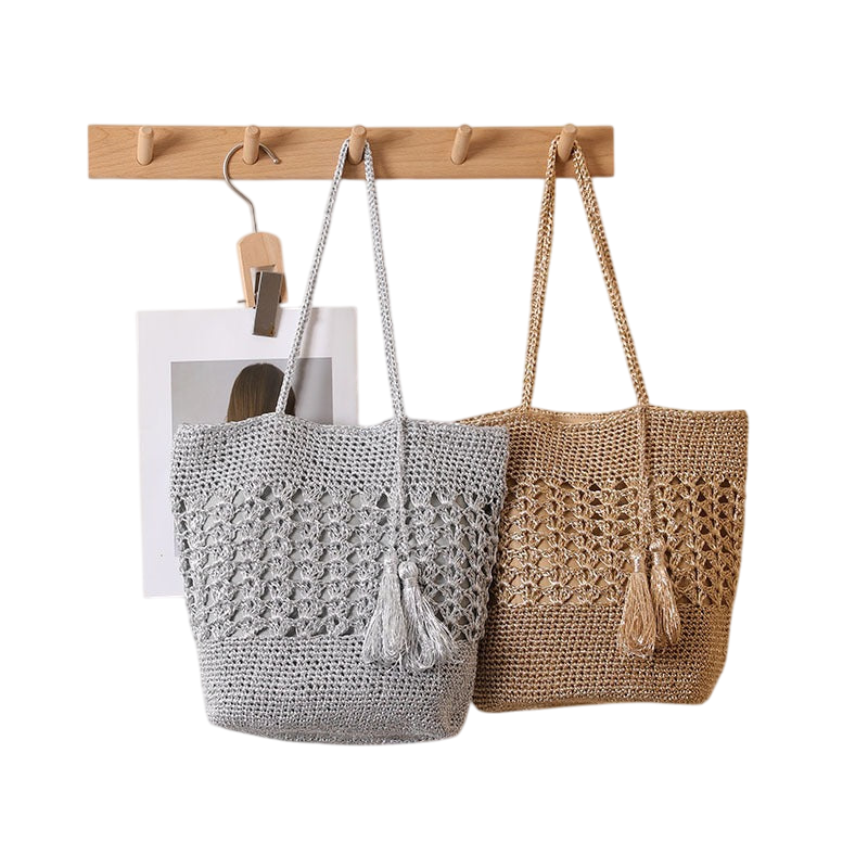 Large-Capacity Hollow-Out Straw Shoulder Tote – Tassel Boho Beach Bag, Natural/Gold | noémi
