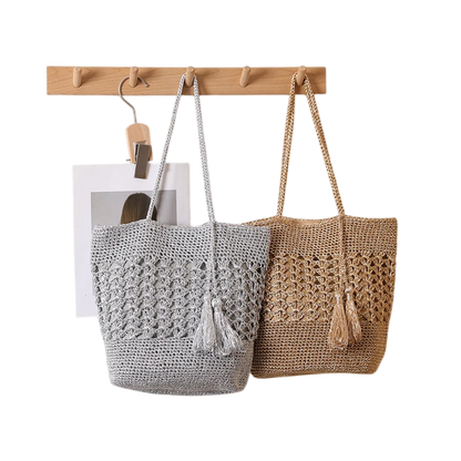 Large-Capacity Hollow-Out Straw Shoulder Tote – Tassel Boho Beach Bag, Natural/Gold | noémi