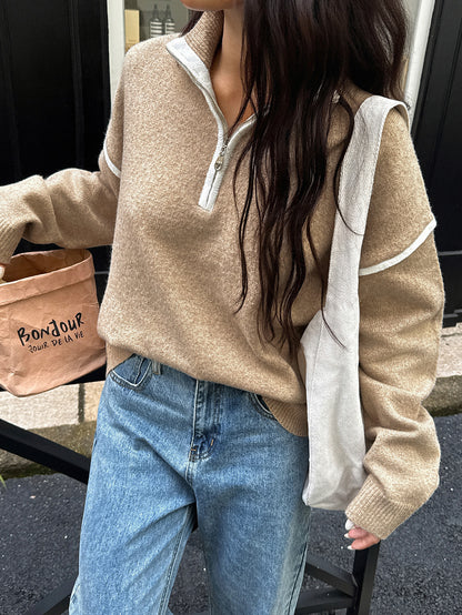 Zipper Sweater for Women | Casual Solid Color Long Sleeve Knit Pullover | noémi