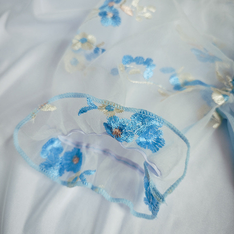 Mesh Lace Embroidery Corset Top with Puff Sleeves and Boning Support | noémi