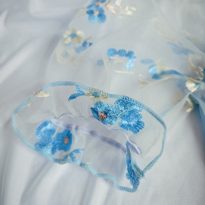 Mesh Lace Embroidery Corset Top with Puff Sleeves and Boning Support | noémi