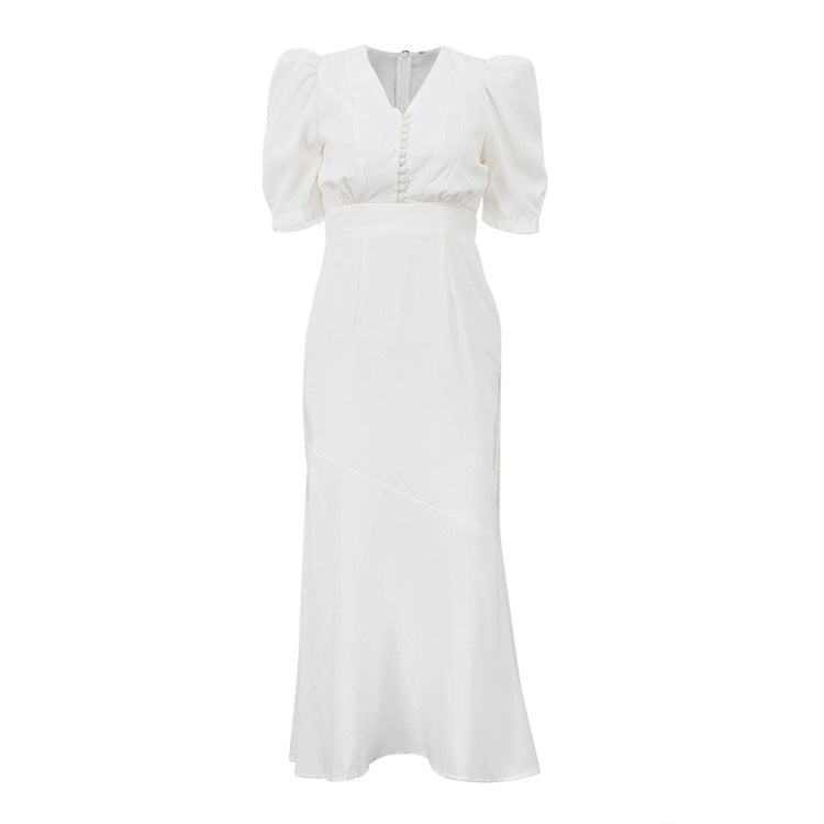 Puff Sleeve Midi Dress | White Fit & Flare with VNeck | noémi