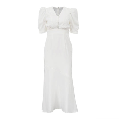 Puff Sleeve Midi Dress | White Fit & Flare with VNeck | noémi