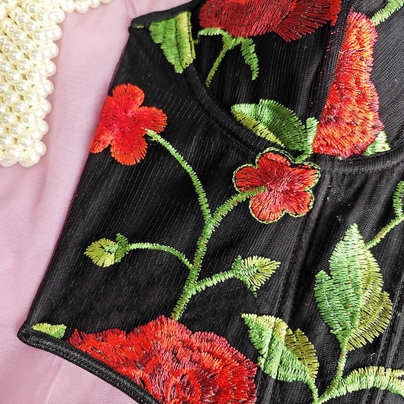 Floral Embroidered Boning Corset Vest with Printed Suspenders for Women | noémi