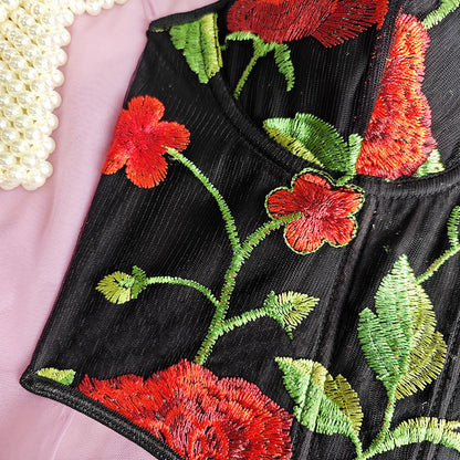 Floral Embroidered Boning Corset Vest with Printed Suspenders for Women | noémi