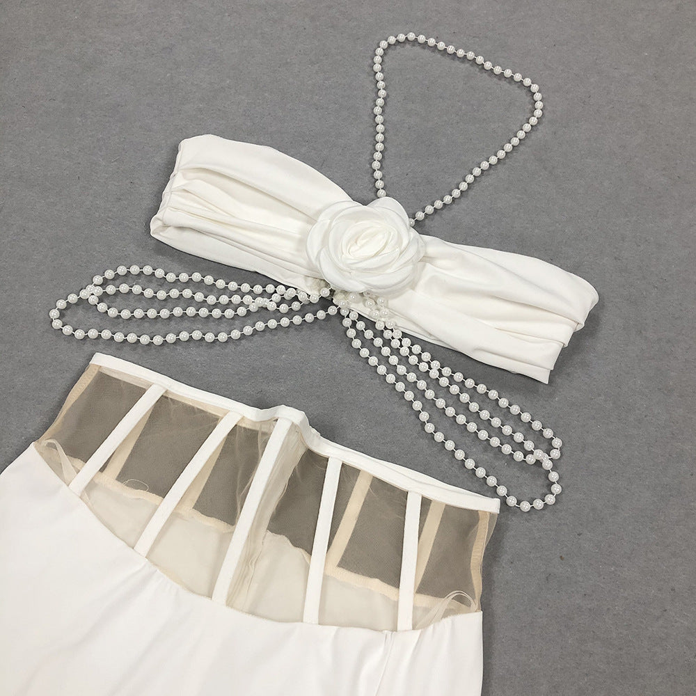 White Corset Gown | Pearl Strap Maxi Dress with High Slit | noémi