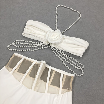 White Corset Gown | Pearl Strap Maxi Dress with High Slit | noémi