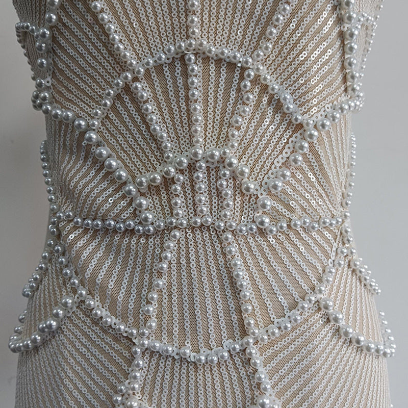 Pearl Embellished White Midi Dress | Strapless Cutout Gown with Beaded Detail | noémi