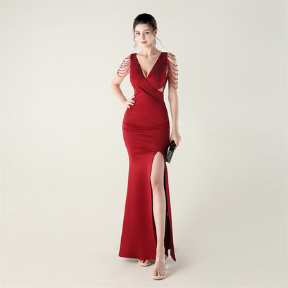 Beaded Slim Fit Dress V Neck Slit Gown | noémi