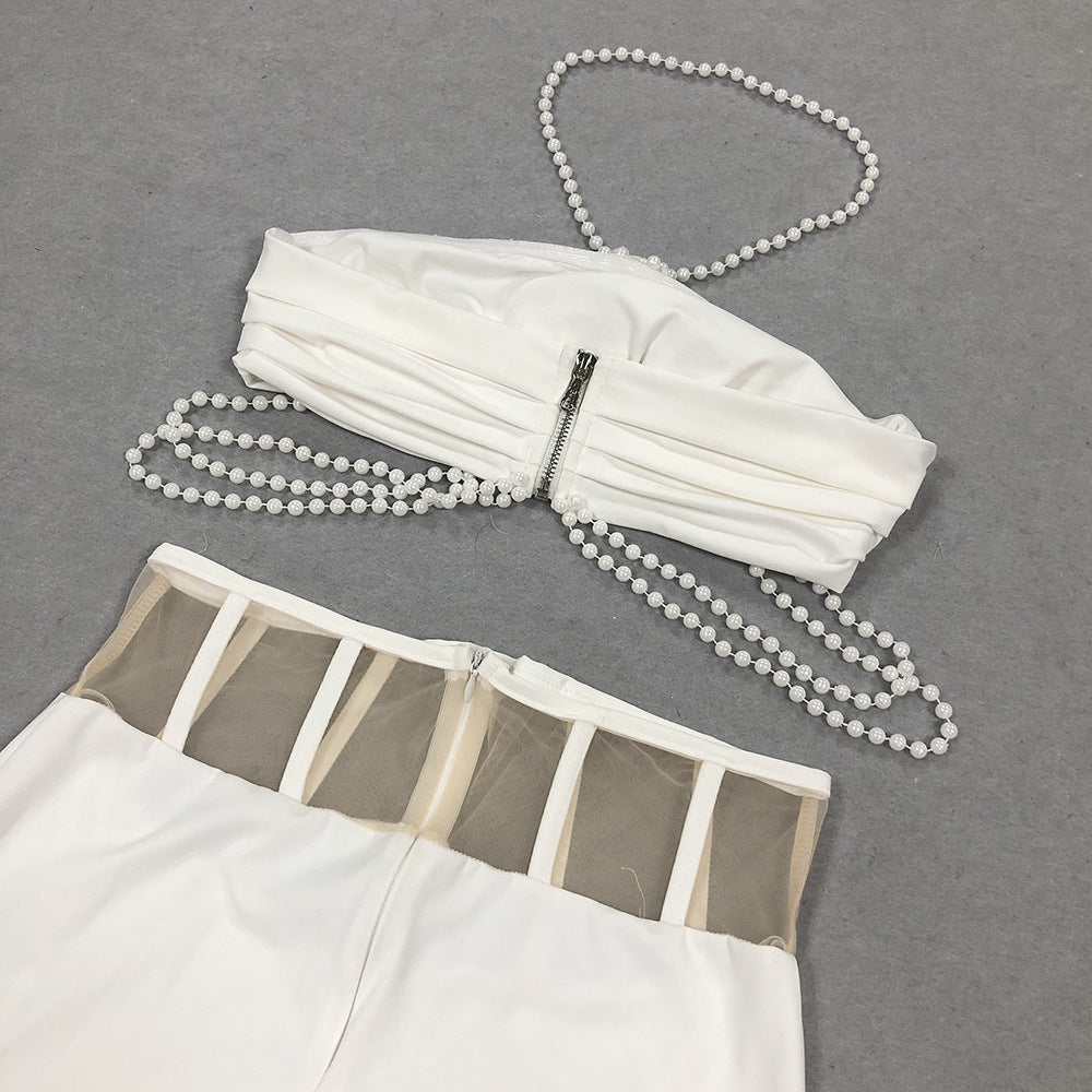 White Corset Gown | Pearl Strap Maxi Dress with High Slit | noémi