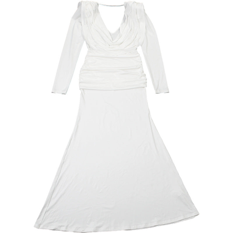 Womens Long Sleeve Pleated Dress with Swing Collar and Backless Design | noémi