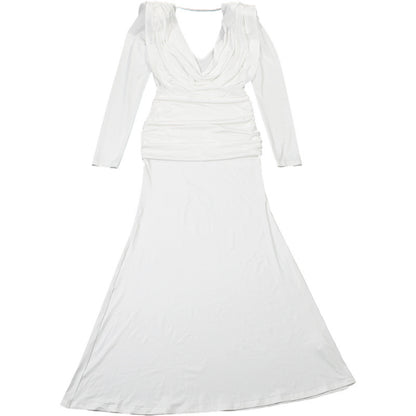 Womens Long Sleeve Pleated Dress with Swing Collar and Backless Design | noémi