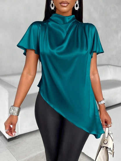 Satin Blouse | High Neck Short Sleeve Top in Champagne | noémi