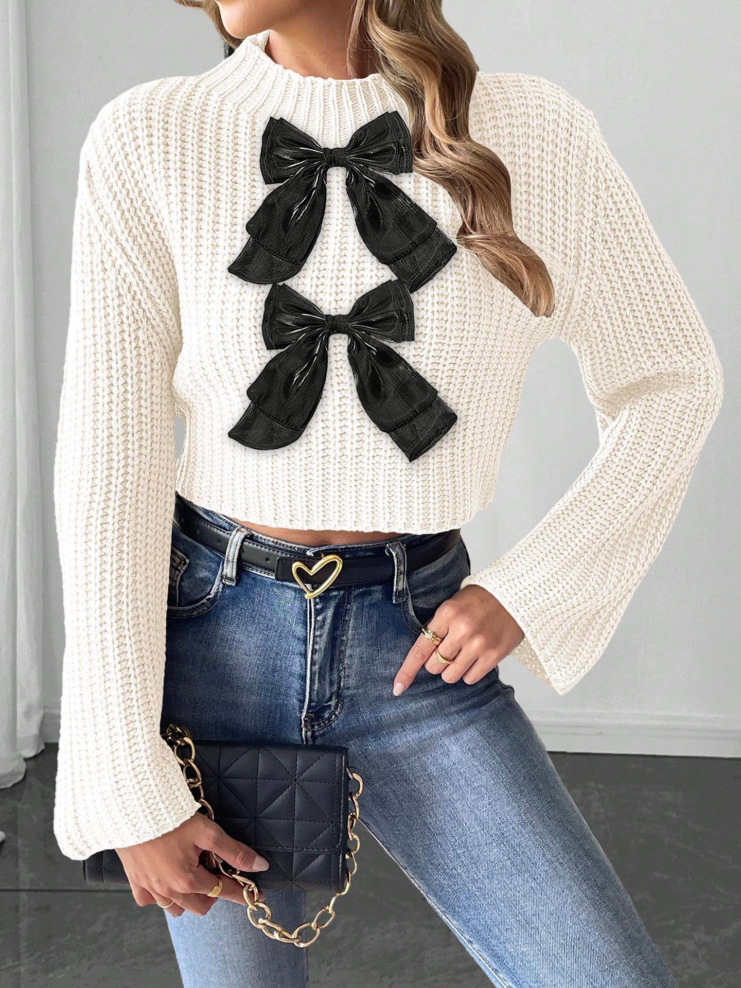 Womens Cropped Knit Sweater with Bow Detail | Flared Sleeves & Half Turtleneck Pullover | noémi