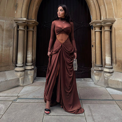 Womens High Collar Long Sleeve Maxi Dress with Side Cutout and Front Slit | noémi