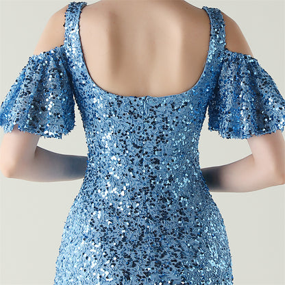 Sequin Dress | Floor Length Cold Shoulder Dress with Side Slit | Deep VPlunge High Slit Fishtail Dress Cocktail | noémi