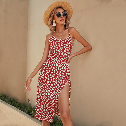 Womens Red Printed Strappy Midi Dress | Slim Fit, Slit Hem | noémi