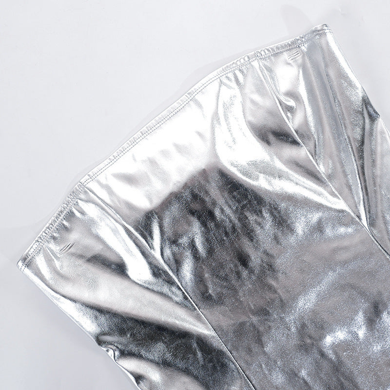 Womens Metallic Tube Top Dress with Cinched Waist Side Split | noémi