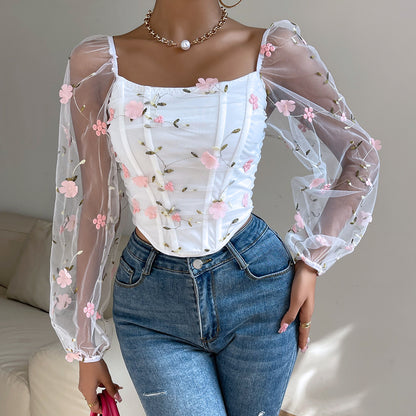 Floral Embroidered Mesh Corset Top | Sheer Long Sleeve Boned Bra | noémi