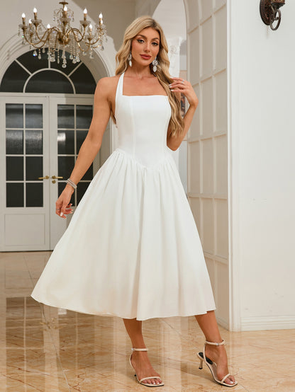 Women’s Sleeveless Halter Backless Midi Dress | Flowy White Summer Dress | noémi