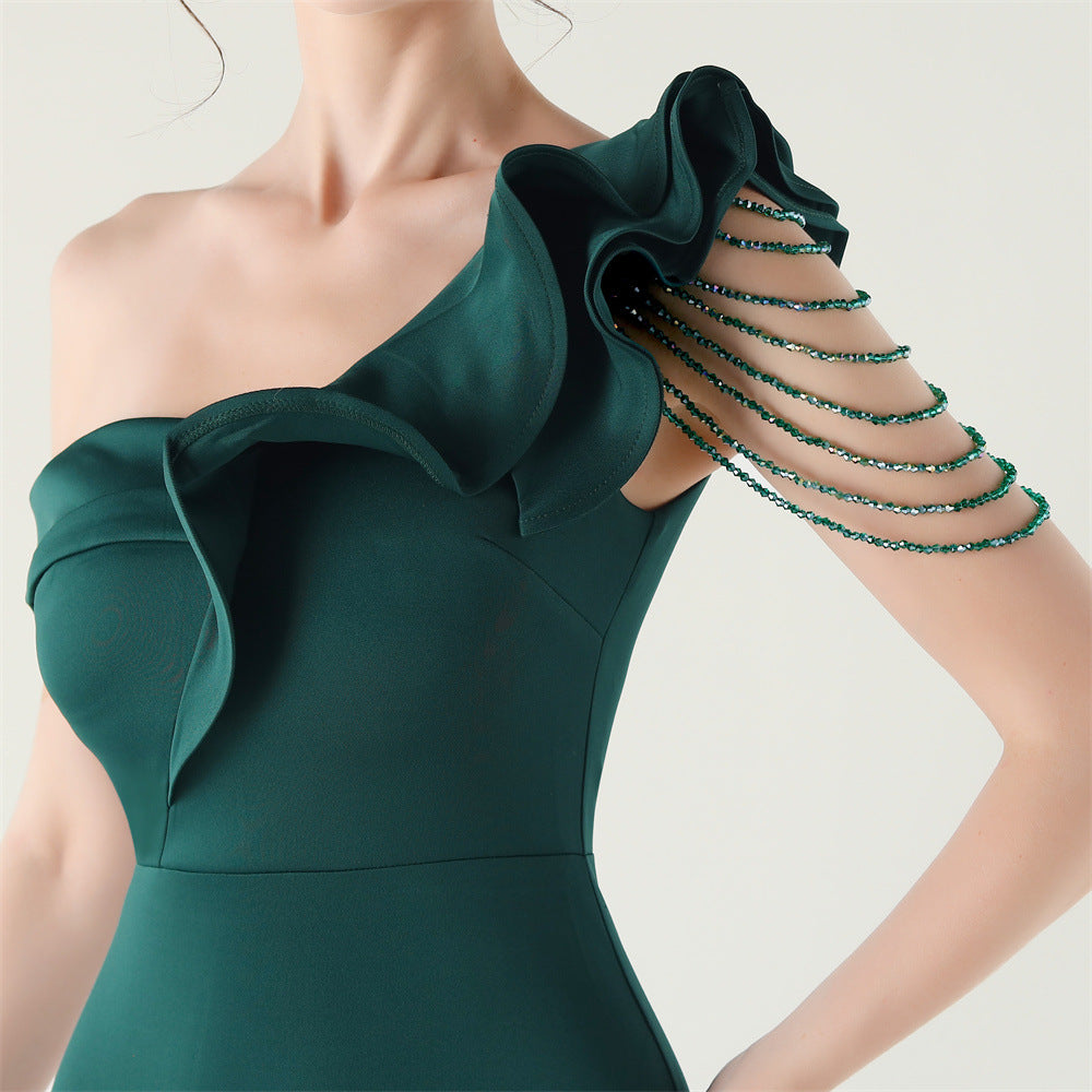 Ruffled One Shoulder Satin Gown with Beaded Chains | Slim Fit Fishtail Dress | noémi
