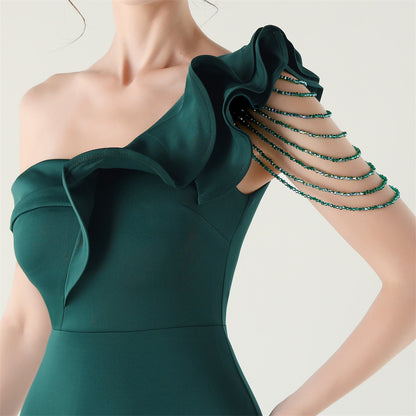 Ruffled One Shoulder Satin Gown with Beaded Chains | Slim Fit Fishtail Dress | noémi