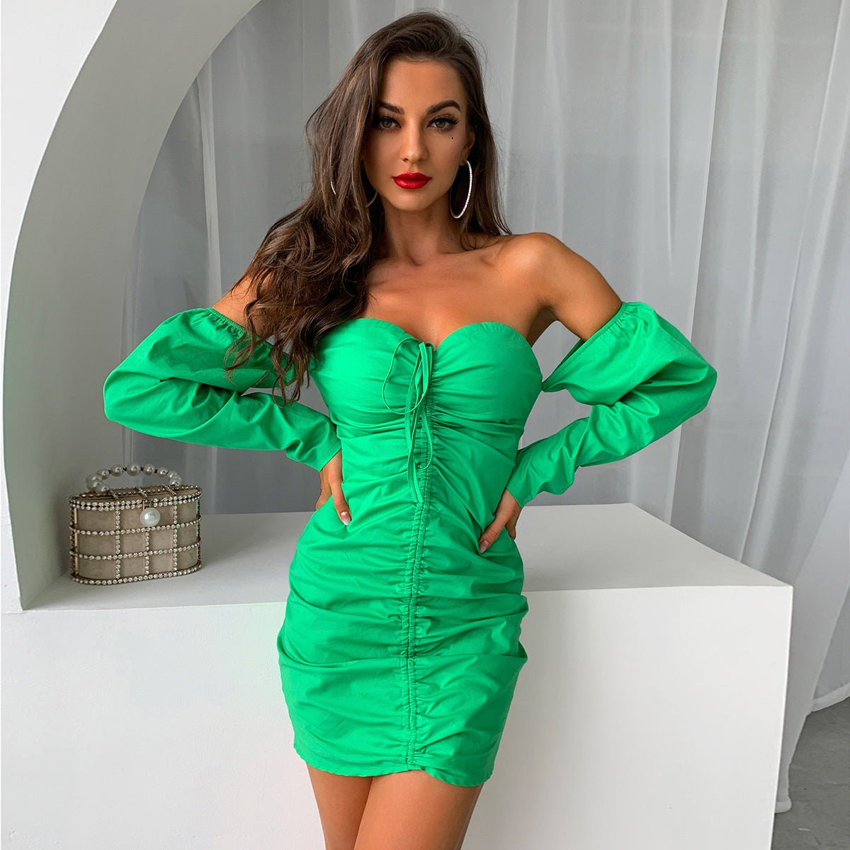 Green Pleated Mini Dress | Off Shoulder Backless Long Sleeve Dress | noémi