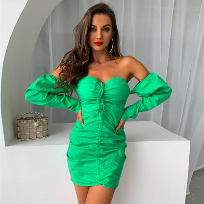 Green Pleated Mini Dress | Off Shoulder Backless Long Sleeve Dress | noémi