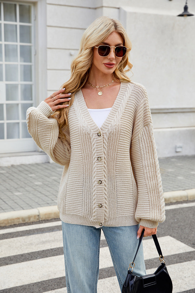 V Neck Cable Knit Cardigan | Loose Fit, Long Sleeve Sweater Coat | noémi