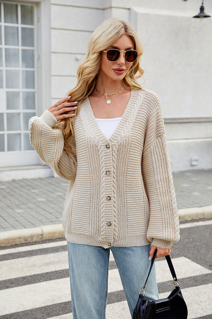 V Neck Cable Knit Cardigan | Loose Fit, Long Sleeve Sweater Coat | noémi