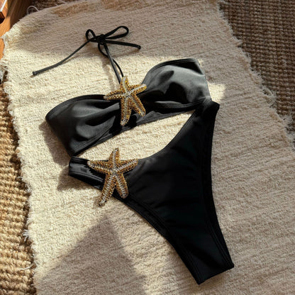 Solid Color Starfish Cloth Embroidered Lacing Split Swimsuit Bikini | noémi