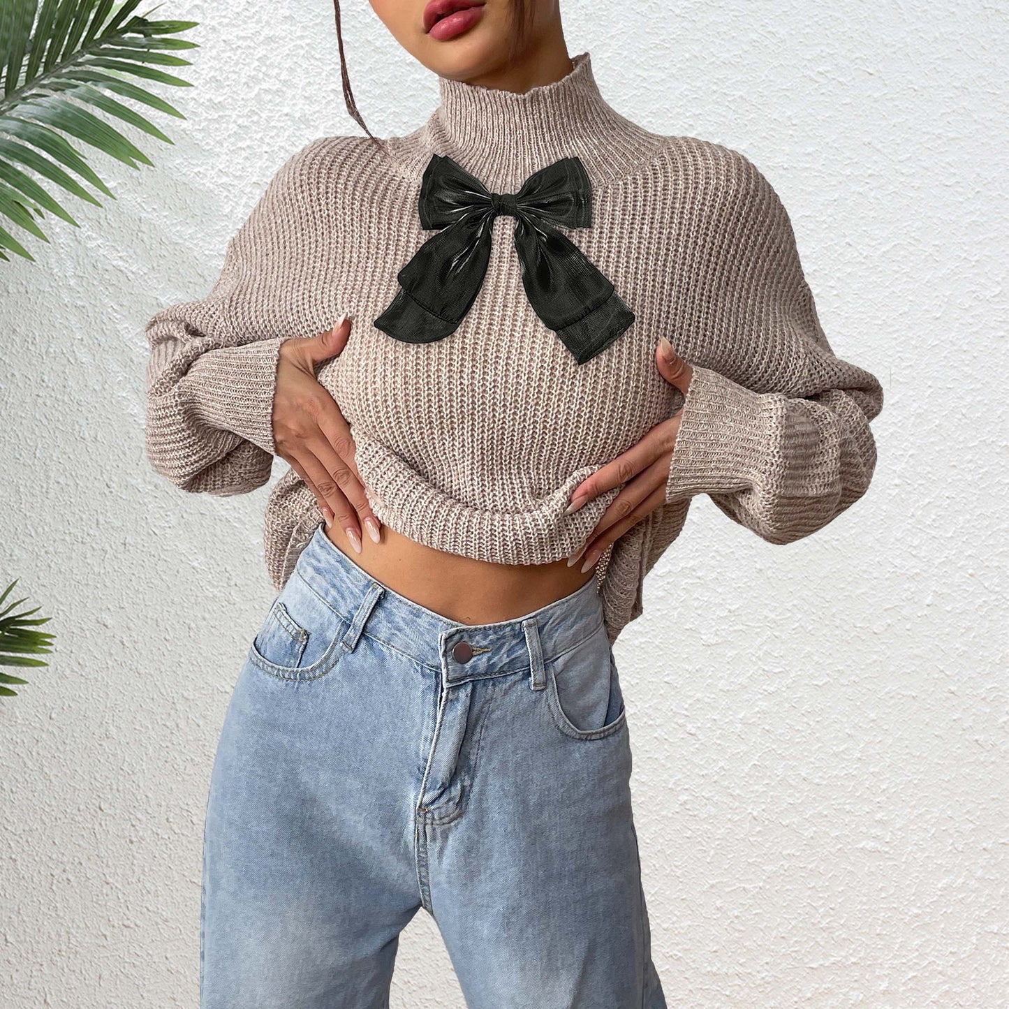 Womens Knit Turtleneck Sweater | Beige Pullover with Black Velvet Bow | noémi