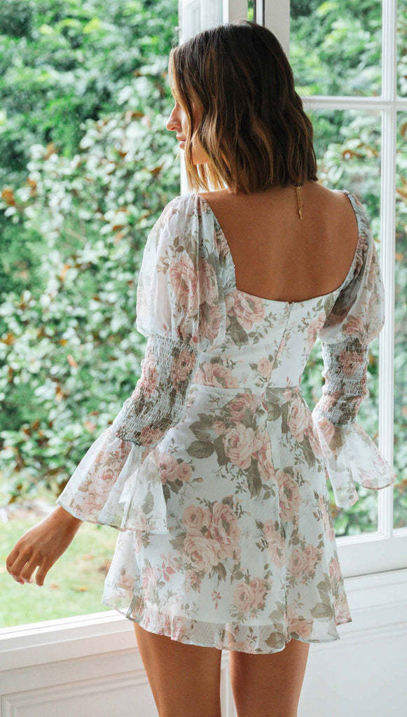 Floral Puff Sleeve Mini Dress | Lace Up Front, Smocked Back, Off Shoulder | noémi