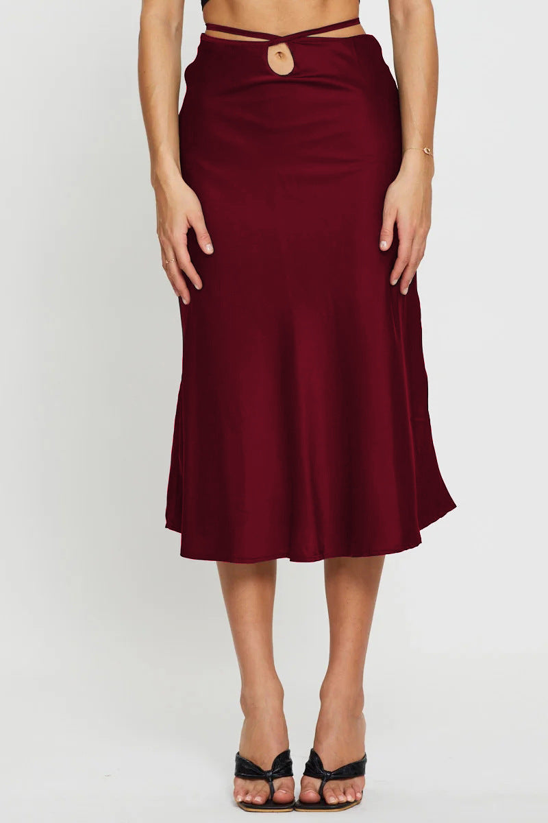 Women's Solid Color Midi Skirt | Navel Exposed Design | Lacing & Zipper Detail | noémi