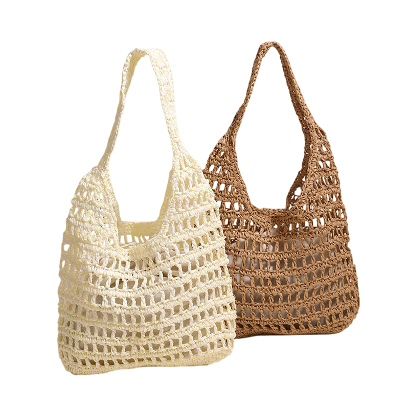 Large-Capacity Pink Straw Shoulder Tote Bag – Hollow-Out Woven Beach Carryall | noémi