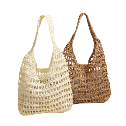 Large-Capacity Pink Straw Shoulder Tote Bag – Hollow-Out Woven Beach Carryall | noémi