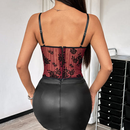Red & Black Sheer Lace Corset Mini Dress | Boned Bustier with Faux Leather Skirt | noémi