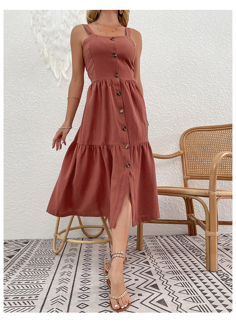 Cotton Linen Strap Button Down Cardigan Style Dress For Women | noémi