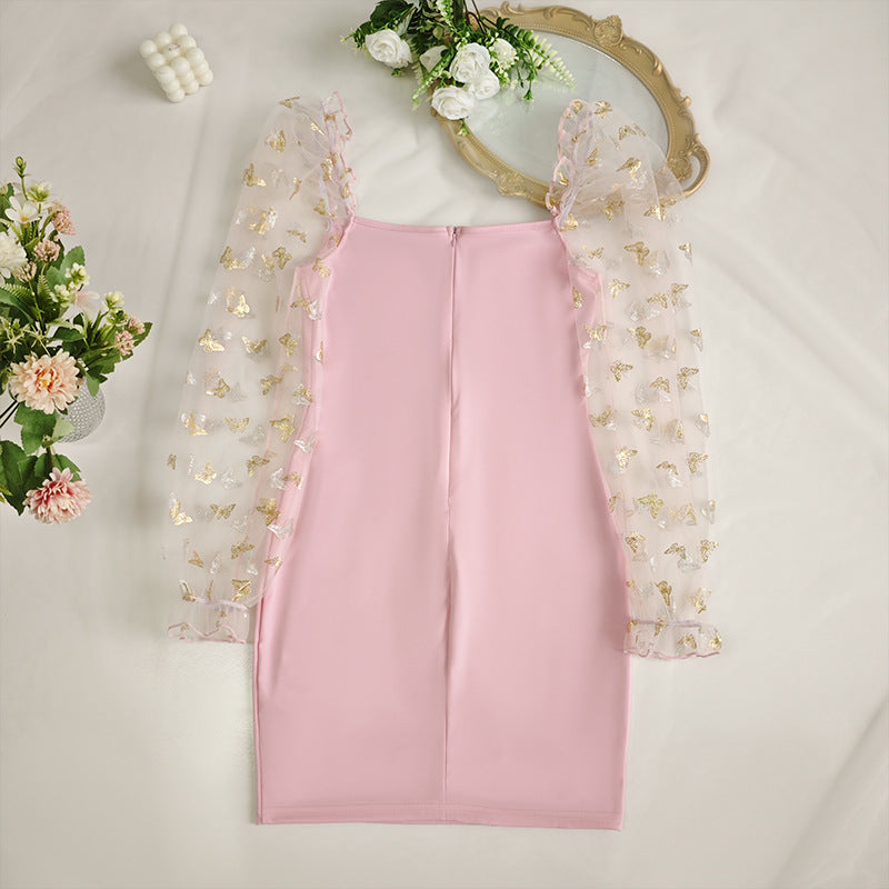 Mesh Puff Sleeve Dress with Slim Fit and Sheer Detail | noémi