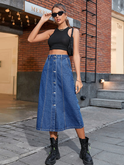 Women’s High Waist Button Denim Skirt with Front Split | noémi
