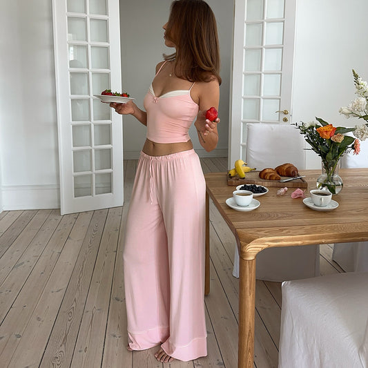 Patchwork Suspender Two Piece Pajama Set | Drawstring Waist Trousers Bow Detail | noémi