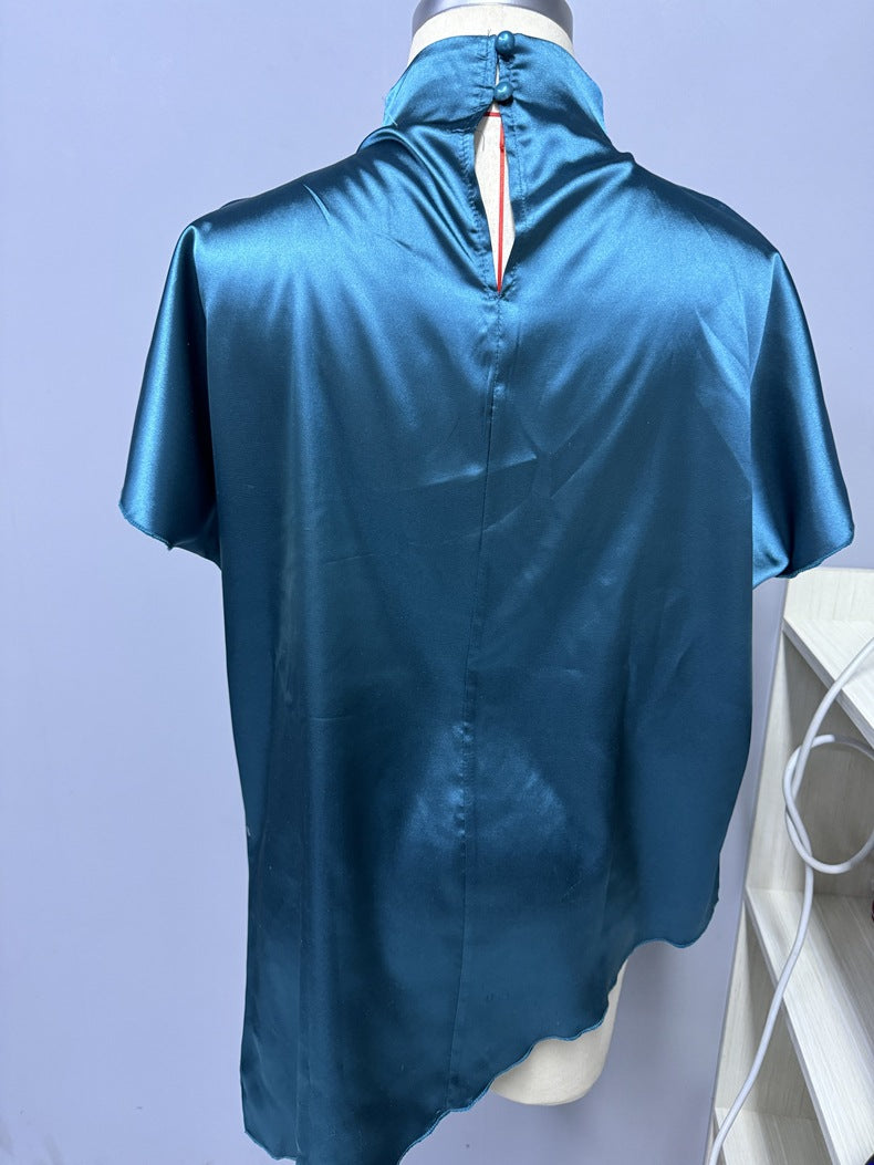 Satin Blouse | High Neck Short Sleeve Top in Champagne | noémi