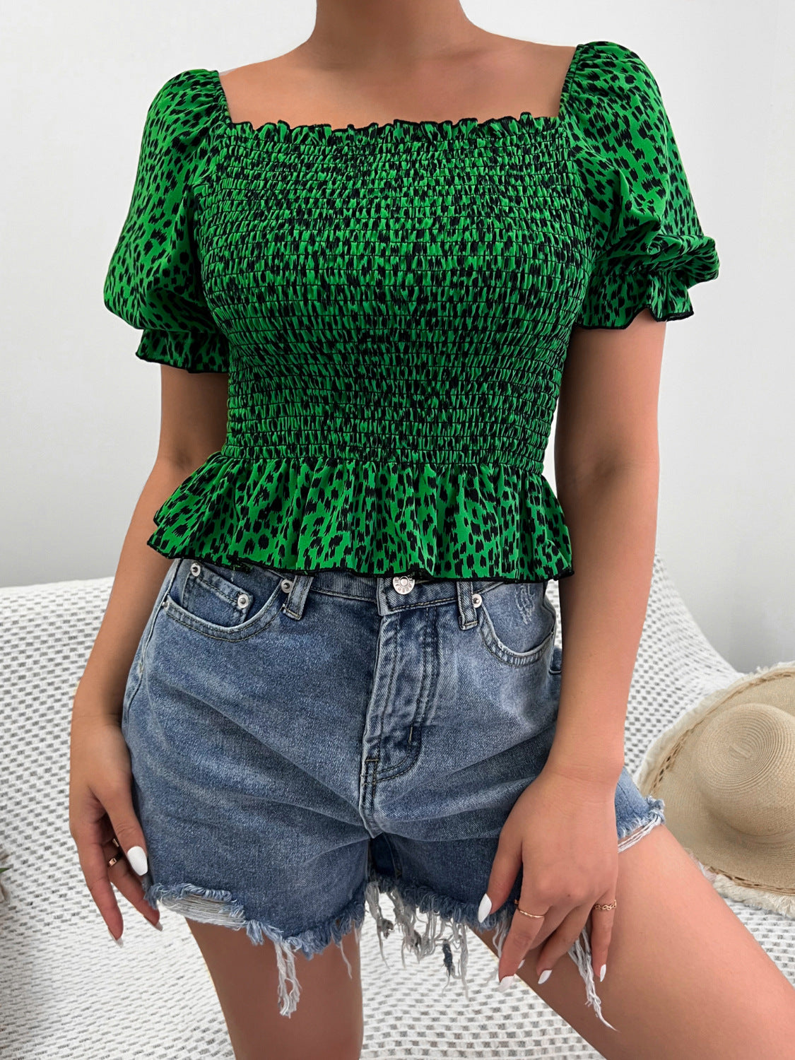 Womens Sleeve Smocked Top | Ruffle Hem, Leopard Print, Off Shoulder | noémi