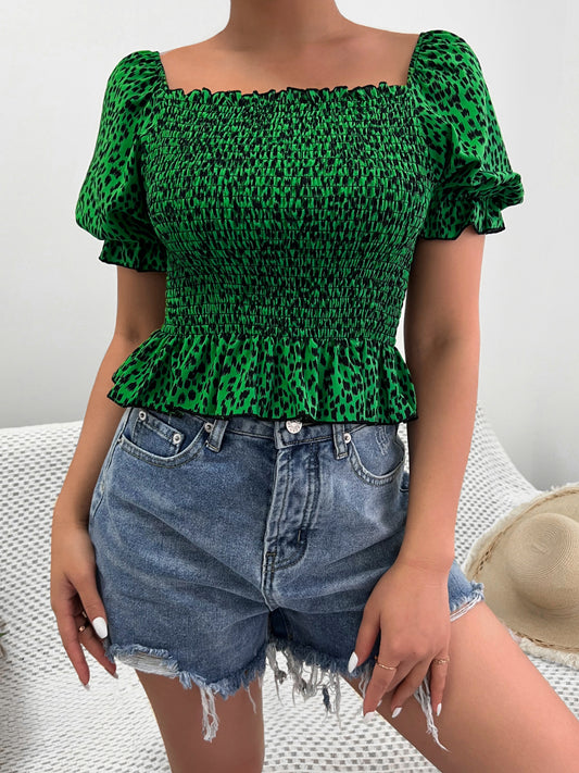 Womens Sleeve Smocked Top | Ruffle Hem, Leopard Print, Off Shoulder | noémi