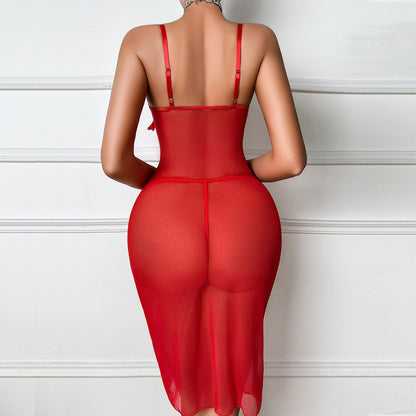 Womens Red Mesh Nightdress with Chest Patch Body Shaping and Steel Ring Details | noémi