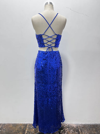 Women’s Sequin Two Piece Set | Lace Up Back Crop Top & Long Skirt | noémi