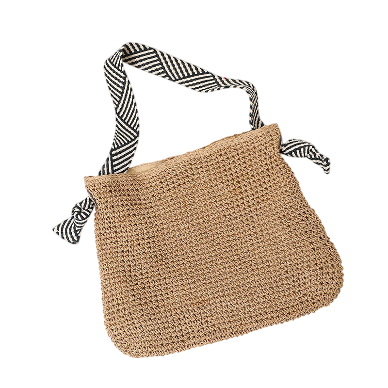 Navy Straw Shoulder Tote Bag – Hand-Woven, Striped-Handle Beach Carryall | noémi