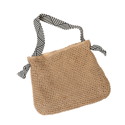 Navy Straw Shoulder Tote Bag – Hand-Woven, Striped-Handle Beach Carryall | noémi