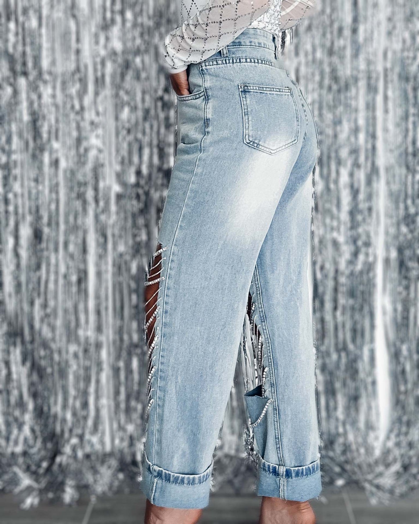Ripped Straight Leg Jeans | Chain Detail | High Waisted Distressed Denim | noémi
